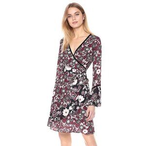 NWT Ella Moon maroon black flora Lena ruffle flare sleeve wrap dress M